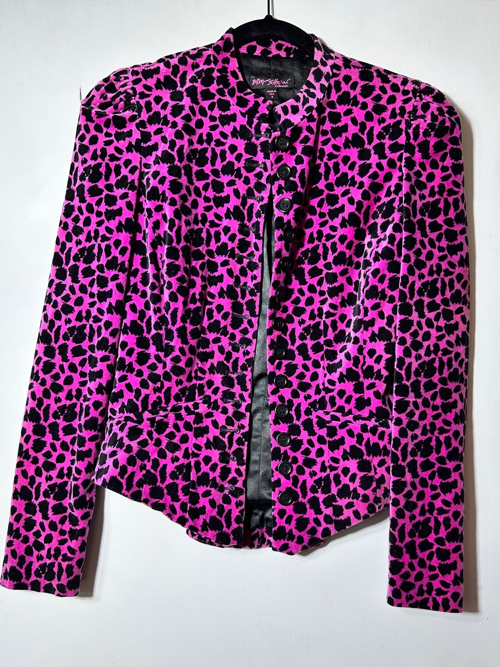 Vintage Betsey Johnson Runway Pink & Black Leopard Print Velvet Tailored Jacket
